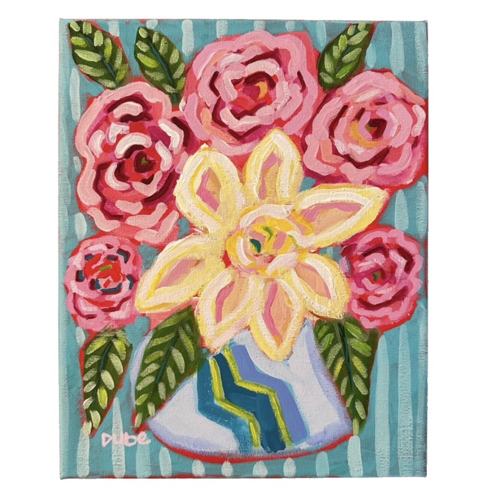 Original Painting Abstract Flowers Water Vase Stems Colorful 8 x 10" Canvas